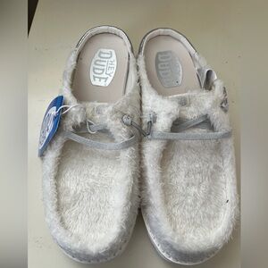 Hey Dude White and Silver Fuzzy Bridal Slippers